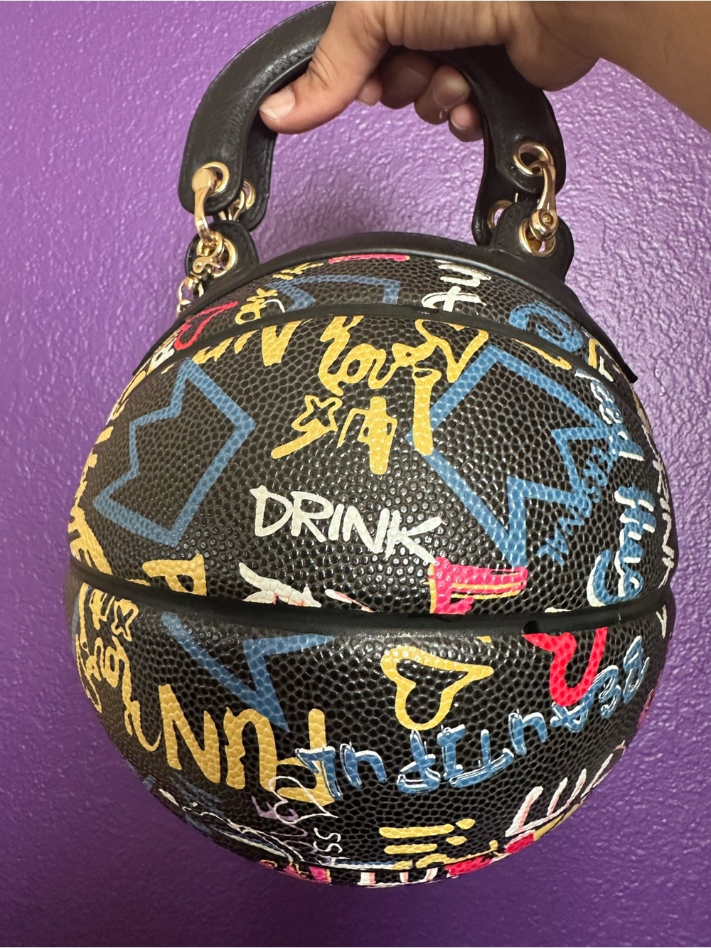 Black Graffiti Basketball-Shaped Top-Handle Bag